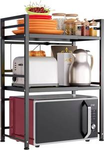 lot 3244 image: DOLALIKE Expandable Microwave Rack, Countertop Kitchen Utensils Tableware Storage, Carbon Steel 3 Tier Shelf with 3 Hooks