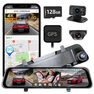lot 4011 image: Pahaa L09 12 4K Mirror Dash Cam and Backup Camera with Front and Rear Dual Cameras, Built-in GPS, Wi-Fi, Loop Recording, G-Sensor, WDR, and HDR Night Vision, Includes 128GB Memory Card