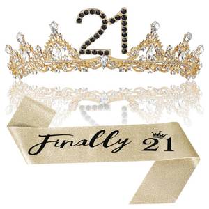 lot 4020 image: 21st Birthday Crown and Sash for Women, 21 Tiara, Black Gold 21st Birthday Decorations for Her 21 Year Old Gifts Party Favors for Girls