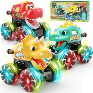 lot 4032 image: Intoypad 3 Pack Dinosaur Car Toys for Kids Toddlers, Light up Wheels Monster Truck Toys for Boys 2 3 4 5 6 7 8 Years Old Christmas Birthady Gifts Press & Go Dino Trucks Toy for Toddler Boy Baby
