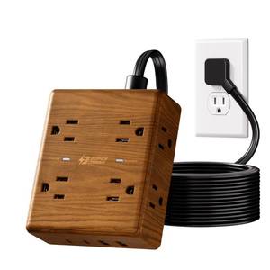 lot 4051 image: Brown Extension Cord 10Ft, Flat Plug Power Strip Surge Protector, 8 Outlets & 4 USB Ports (2 USB C), Desktop Charging Station Hidden Behind Furniture, Decorative Office Desk Accessories (Walnut Wood)