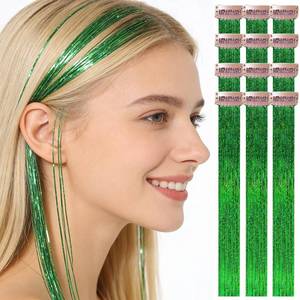 lot 4095 image: HANDWIG Olive Green Clip in Hair Tinsel, 24 Inch 75 Strands Heat Resistant Glitter Hair Extensions, 12 Packs Salon Fairy Hair for St. Patricks Day Music Festival Outdoor Fall