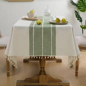 lot 4484 image: Softalker Outdoor Tablecloth Rectangle, Waterproof Linen Cotton Farmhouse Table Cloths with Tassel, Heavy Weight Wrinkle Free Boho Table Cover for Picnic Camping Dining - 55 x 102 Inch, Sage Lines
