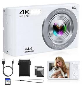 lot 4487 image: Digital Camera 4K, Autofocus Digital Compact Digital Camera,16X Digital Zoom Upgraded Travel Camera with 64GB SD Card,2 Batteries,Small Camera for Teens Kids Boys Girls,White