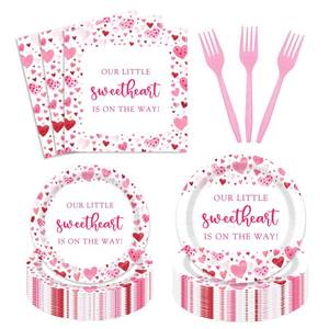 lot 4489 image: 96PCS A Little Sweetheart is on The Way Party Decorations Valentine Baby Shower Plates Napkins Forks Dinnerware Set for 24 Guests Disposable Valentine Oh Baby Party Supplies
