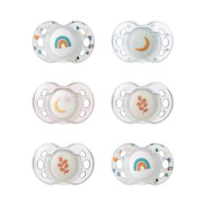 lot 4493 image: Tommee Tippee Night Time Pacifier, 18-36 Months, Symmetrical Silicone Baglet, BPA-Free Binkies, Glow in The Dark Technology, White Rainbow, Pack of 6