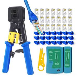 lot 4495 image: PETECHTOOL RJ45 Crimp Tool Cat6 Cat5e Cat5 Ethernet Crimper Kit for RJ45 RJ1211 Pass Through Connectors with 50pcs rj45 Cat6 Pass Through Connectors, 50pcs Covers, Wire Stripper Network Cable Tester