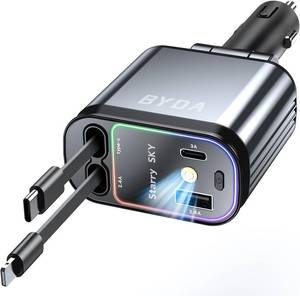 lot 4496 image: 4 in 1 Retractable Car Charger with Starry Light,69W USB-C Fast Car Charger, for iPhone 17161514131211, Android,Pixel,Cigarette Lighter Charger (for LightningUSB-C)