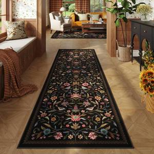 lot 5278 image: Vowkten Vintage Medallion Floral Washable Runner Rug 27x8, Non-Slip Low Pile Soft Carpet for Hallways, Laundry, Bedroom, Bathroom, Entryway  Black