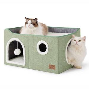 lot 5284 image: Bedsure Large Cat Beds for Indoor Cats - Extra Wide Cat Cube House for Small Pet with Fluffy Ball Hanging and Scratch Pad, Foldable Pet Cave Hideaway for Multiple Cats, 23.6x16.9x13 inches, Green