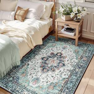 lot 5285 image: RELEANY Area Rugs 3x5 Washable Non-Slip, Floral Vintage Distress Print Pattern Medallion Carpet for Living Room Bedroom Dining Room, Green Navy Blue White Red Teal Colorful