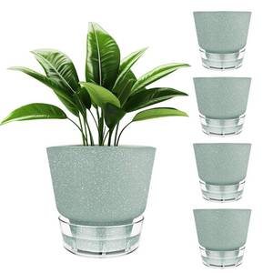 lot 5289 image: HYNZ Green Self Watering Plant Pots - 6 Planters for Indoor Plants - Pack of 5 Flower Pots - Plant Pots with Drainage Hole and Tray Saucer (Frosted Dark Green)