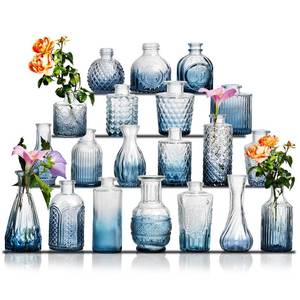 lot 5305 image: Glass Bud Vase Set of 20 - Small Vases for Flowers in Bulk - Assorted Vintage Crystal Vases for Flowers, Table Centerpieces (Blue, 20 Pcs)