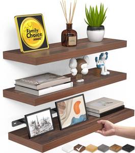 lot 5312 image: BAYKA Floating Shelves for Wall, Wall Mounted Rustic Wood Shelves for Bathroom, Bedroom, Living Room, Kitchen,Small Hanging Shelf for BooksStorageRoom Decor (Walnut-Like, Set of 3, 15.7in)