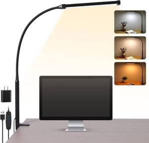 lot 5326 image: Voncerus LED Desk Lamp with Clamp, Eye-Caring Clip on Lights for Home Office, 3 Modes 10 Brightness, Long Flexible Goose-Neck, Metal, Swing Arm Architect Task Table Lamps with USB Adapter, Black