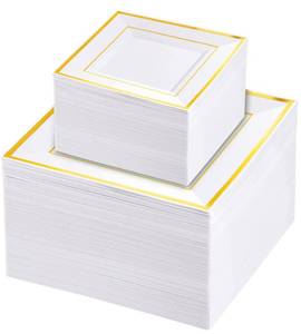 lot 5332 image: Liacere 100PCS White and Gold Square Plastic Plates-50PCS Heavy Duty 9.5inch White Dinner Plates and 50PCS 6inch White Dessert Plates - Gold Plastic Plates for Party & Christmas & New Year