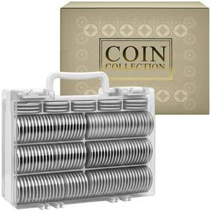 lot 5340 image: Coin Collector Case Holder with 141 pcs Capsules with Foam Gaskets & 220 Dollar Bill Sleeve - All-in-One Coin Collection Supplies Storage Box for Secure Coin and Paper Money- White