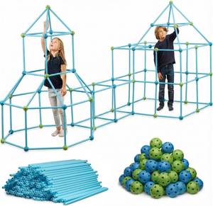 lot 5341 image: FUNbelievable 132 Piece Fort Building Kit - Indoor Play Engineering Set with Connecting Sticks & Balls - Creative STEM Building Toys for Kids Play Spaces, Tents & Hideouts