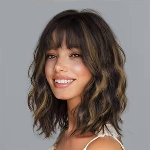 lot 6157 image: Kurope Ombre Brown with Chestnut Highlight Bob Wig with Bangs (Can Be Trimmed) Wavy Synthetic Wigs for Women Heat Resistant Natural Looking 12 Inch Short Shoulder Length Wig for Daily Wear or Cosplay