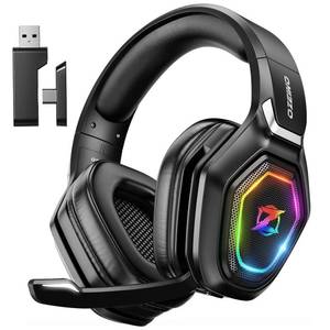 lot 6163 image: Ozeino Wireless Gaming Headset with Flip Microphone, RGB Lighting Gaming Headphones for PS5, PS4, PC - 2.4GHz USB & Type C Transmitter