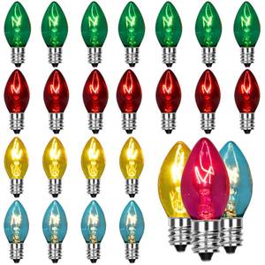lot 6167 image: Pallerina 25 Pack C7 Christmas Lights Replacement Bulbs,Clear Multicolor Glass Incandescent Light Bulbs,C7E12 Candelabra Base 5 Watt for Indoor Outdoor String Light,Tree, Christmas Lights