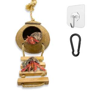 lot 6179 image: Favozio Hermit Crab, Hamster Coconut Cave Hide with Ladder, Reptile & Snake Natural Coco Shell Hut Hideout, Gerbils Mice Small Animals House Pet Cage Habitat Decor, with Sticky Wall & Carabiner Hook