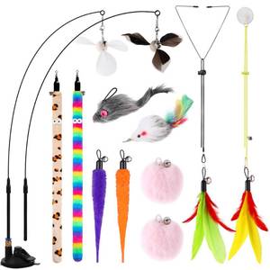lot 6198 image: Soarer 4-in-1 Interactive Cat Feather Toys,12Pcs Durable Fishing Pole Cats Feathers Toy Replacements,Enhanced Suction Cup Cats Wand Toy,2 Types Door Hanging Cat String Toys for Indoor Kitten