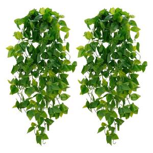 lot 6222 image: BLEUM CADE Fake Hanging Plants, 2pcs Artificial Pothos Vines Greenery for Wall Home Living Room Office Indoor Outdoor Decor (No Baskets)