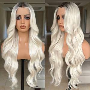 lot 6238 image: X-TRESS 30 Inch Blonde Lace Front Wigs with Body Wave, Pre Plucked, Synthetic Lace Frontal Wig with Dark Roots, 13x4x1 Density