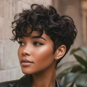 lot 6245 image: MOONSHOW Brown Pixie Cut Wig Short Curly Wigs for Black Women Dark Brown Haitcut Wigs Synthetic Pixie Cut Wig with Bangs Natural Wavy Short Layered Pixie Wigs for African American Women(Brown)
