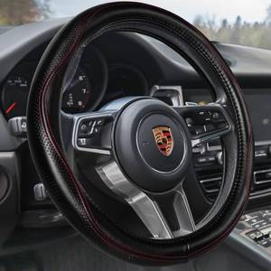 lot 6258 image: HAOKAY Top Grade Black Genuine Leather Steering Wheel Cover Women Men, Luxury Steering Wheel Cover for Cars, SUVS and Trucks, Universal 14.5-15 inch