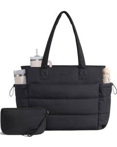 lot 10465 image: LOVEVOOK Tote Bag for Women with Giant Tumbler Holder Pocket, Puffer Work Travel Handbag with Zipper for Nurse Teacher, Quilted Cute Laptop Shoulder Purse with Compartments for Office Gym, Black