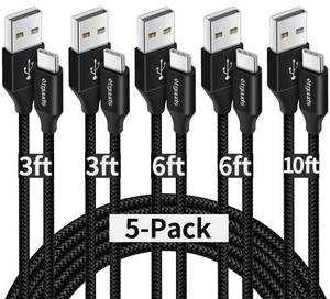 lot 10489 image: etguuds USB A to USB C Cable 5-Pack (336610 ft), Fast Charging Type C Charger Cord for iPhone 17 16 15 Pro Max Plus Air, Samsung Galaxy S25 S24 S23 S22 S21 S20 A56 A17 A16, Pixel, Moto G, Black
