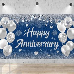 lot 10490 image: Blue Silver Happy Wedding Anniversary Banner for 5 10 15 20 25 30 40 50 for Couple, Happy Anniversary Decorations, Surprise for Parents Cheers to Wedding Supplies 71x43in