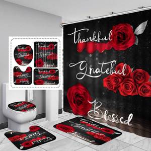 lot 10493 image: 4Pcs Red Rose Shower Curtain Sets, Thankful Grateful Blessed Bathroom Curtain with Non-Slip Rug, Toilet Lid Cover, Bath Mat and 12 Hooks, Romantic Showy Floral Wedding Decor for Bath, 72 x 72 inch