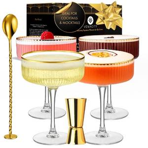 lot 11493 image: VEMACITY - Ribbed Espresso Martini Glasses Set of 4 with Gold Rims - Vintage Cocktail Glasses for Margaritas, Champagne and More - Includes Jigger & Bar Spoon  Ideal for Martinis and Cocktails
