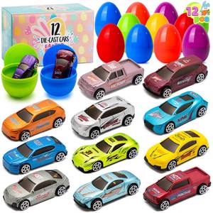 lot 11500 image: JOYIN 12 Pcs Die-Cast Car Filled Big Easter Eggs, Bright Colorful Prefilled Plastic Eggs with Different Die-cast Cars for Boys, Basket Stuffers and Kids Party Favors