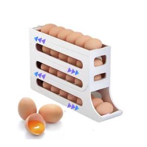 lot 11511 image: 24 Eggs Egg Holder for Fridge,4 Tiers Egg Container,Auto Rolling Fridge Egg Organizer for Refrigerator,Space-Saving Egg Dispenser Holder,Fridge Egg Rack (White, 1pack) (Used)