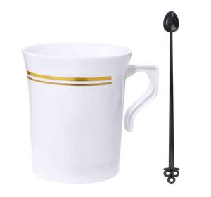 lot 11512 image: Nervure 60 Pack White Plastic Coffee Mugs with 60 PCS Black Coffee Stirrers - 8oz Disposable Coffee Cups with Handles & 5inch Coffee Stirrers - Plastic Tea Cups with Gold Rim for Wedding and Party