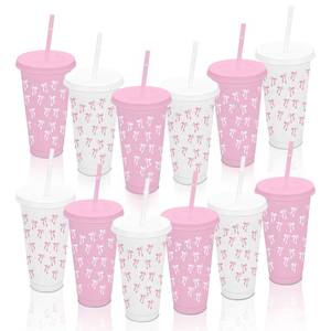 lot 11516 image: HYMENEX 12 Pcs Pink Plastic Cups, 24 oz Pink Bow Cups with Straws and Lids for Wedding Baby Shower Birthday Party Decorations Favors Home Office Party Supplies