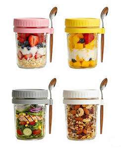 lot 11525 image: THOVY Overnight Oats Containers 4 Pack, 16 Oz Airtight Glass Mason Jars with Lids & Spoons, Leak Proof BPA-Free Oatmeal Jars for Meal Prep, Yogurt, Salad, Chia Pudding - Dishwasher Safe
