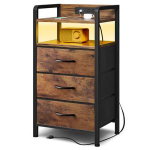 lot 11527 image: Lazzanto Night Stand Bedside Table Bedroom - Nightstand with Charging Station & LED Light Strip, Bed Side End Table with Storage Shelf & 3 Fabric Drawers, U-S-B Ports & AC Outlets, Rustic Brown