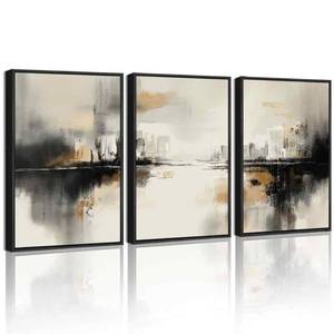 lot 11550 image: Drsoum Vintage Black Gray Abstract Wall Art Framed Brown Tan Neutral Prints Minimalist Modern Rustic Artwork Bedroom Living Room Ready to Hang 11x14in Black Framed