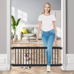 lot 11552 image: Dog Gate Indoor,18-45 Adjustable Extra Wide Metal Short Dog Gate to Step Over, 14 Tall Small Pet Gate with 3 Extension Kits, Pressure Mounted for Doorways & Stairs Black