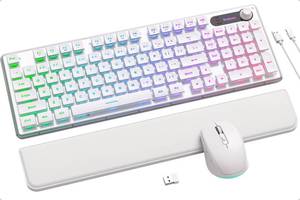 lot 11555 image: Wireless Keyboard and Mouse Combo - 9 Backlit Effects, Wrist Rest, Double-Shot Keycaps, Metal Panel, Long-Lasting Rechargeable, 2.4G Keyboard Mouse Set for Windows Mac PC Laptop �� Sablute (White)