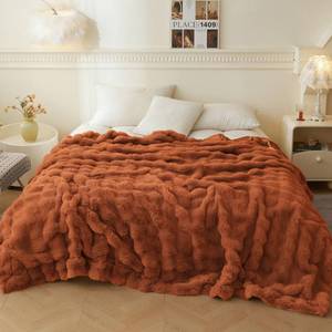 lot 11570 image: LIFEREVO Luxury Faux Rabbit Fur Queen Size Blanket for Bed, Soft Cozy and Plush Thick Waffle Big Bubble Blanket for All Season, Cute Fuzzy Throw Home Decor for Adults Kids, 90x90, Burnt Orange