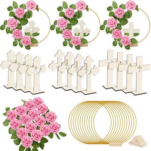 lot 11572 image: Wesiti 48 Pcs Baptism Centerpiece First Communion Table Decoration 12 Wood Cross 12 Floral Hoop with Stand 24 Foam Rose with Stem for Baptism Baby Shower Wedding(Wood and Pink,Stylish) (Only Flowers)