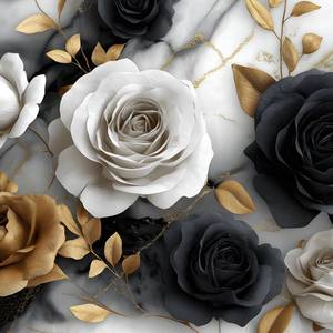lot 12002 image: KKYEJLQYI Peel and Stick Marble Rose Wallpaper, with Black White Gold Roses and Metallic Gold Leaves for Bedroom Living Room Accent Wall Cabinets 17.3 x 39.3 (Black, White and Gold)