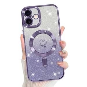 lot 12041 image: Bonoma Compatible with iPhone 16 Case Support for MagSafe, Plating Heart Glitter Magnetic 2 Screen Protector TPU Camera Protection Back Cover for Girls Women -Purple