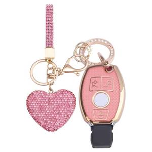 lot 12364 image: Vicoca for Mercedes Benz key fob cover with Diamond Heart Keychain, Car Accessories TPU for AMG C E M S CLS CLA GLK GLA GLC GLE Smart Key Case, Gold Pink